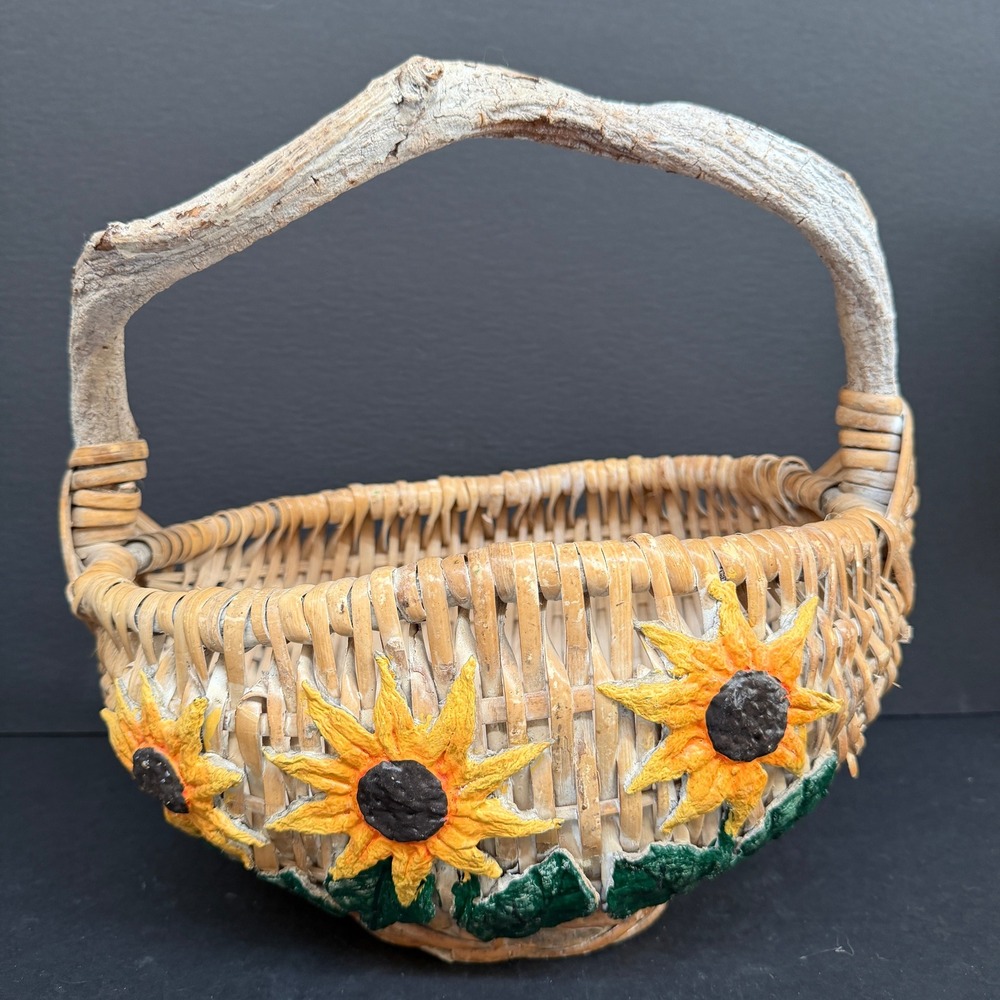 Vintage Woven Rattan Sunflower Basket Driftwood Handle Tan Yellow Rustic Boho